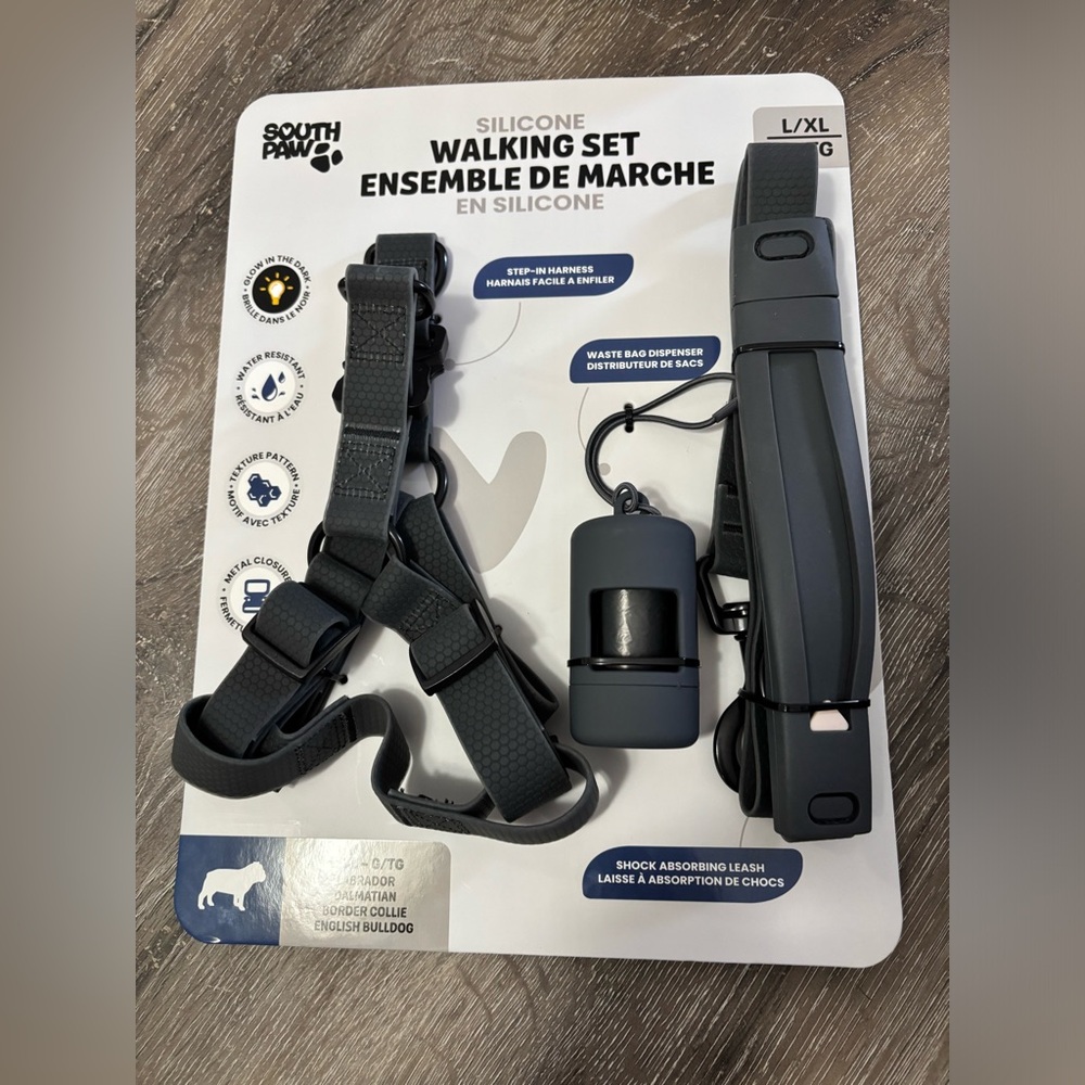 Black Dog Walking Set with Harness and Waste Bag Dispenser